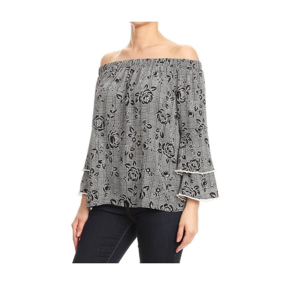 Ariella Off the Shoulder Ruffle Sleeve with Pearls Top - Picture 2 of 4